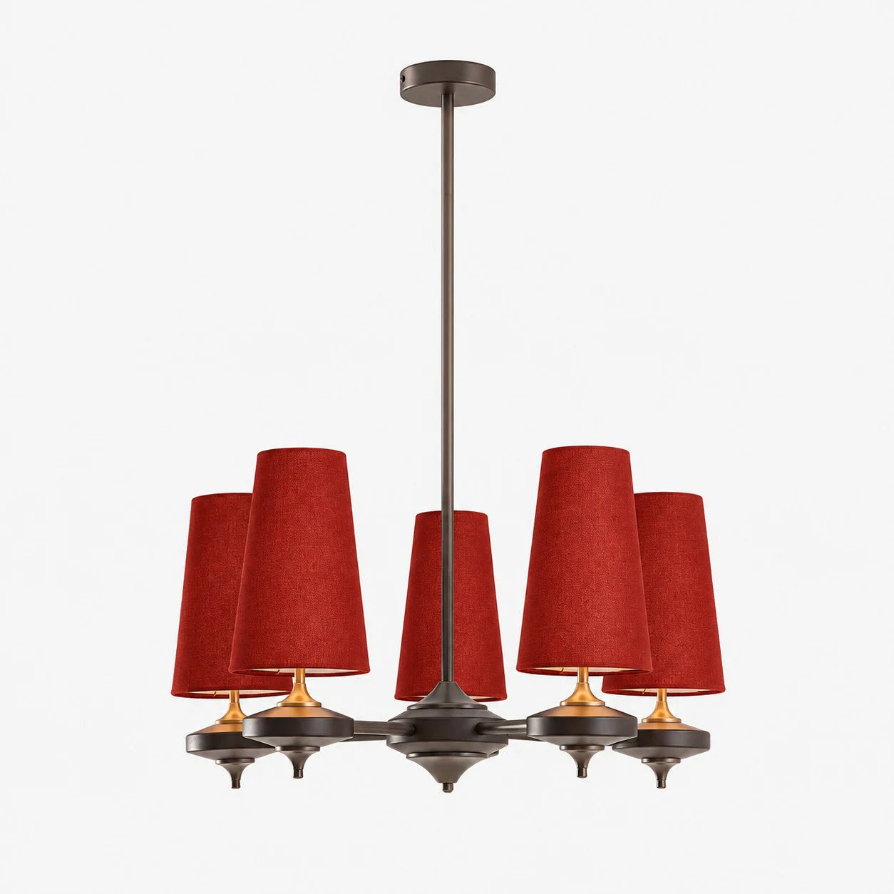 5-light Hour Rho chandelier with red velvet shades