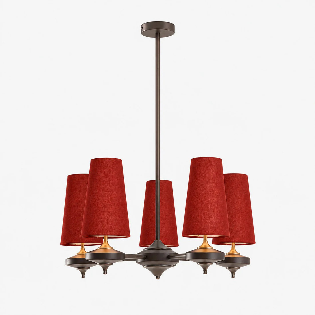 5-light Hour Rho chandelier with red velvet shades