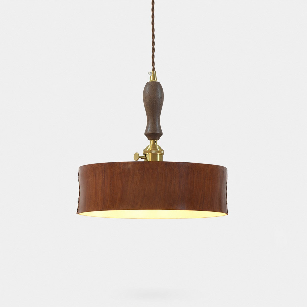 Complete vintage brown leather drum pendant fixture