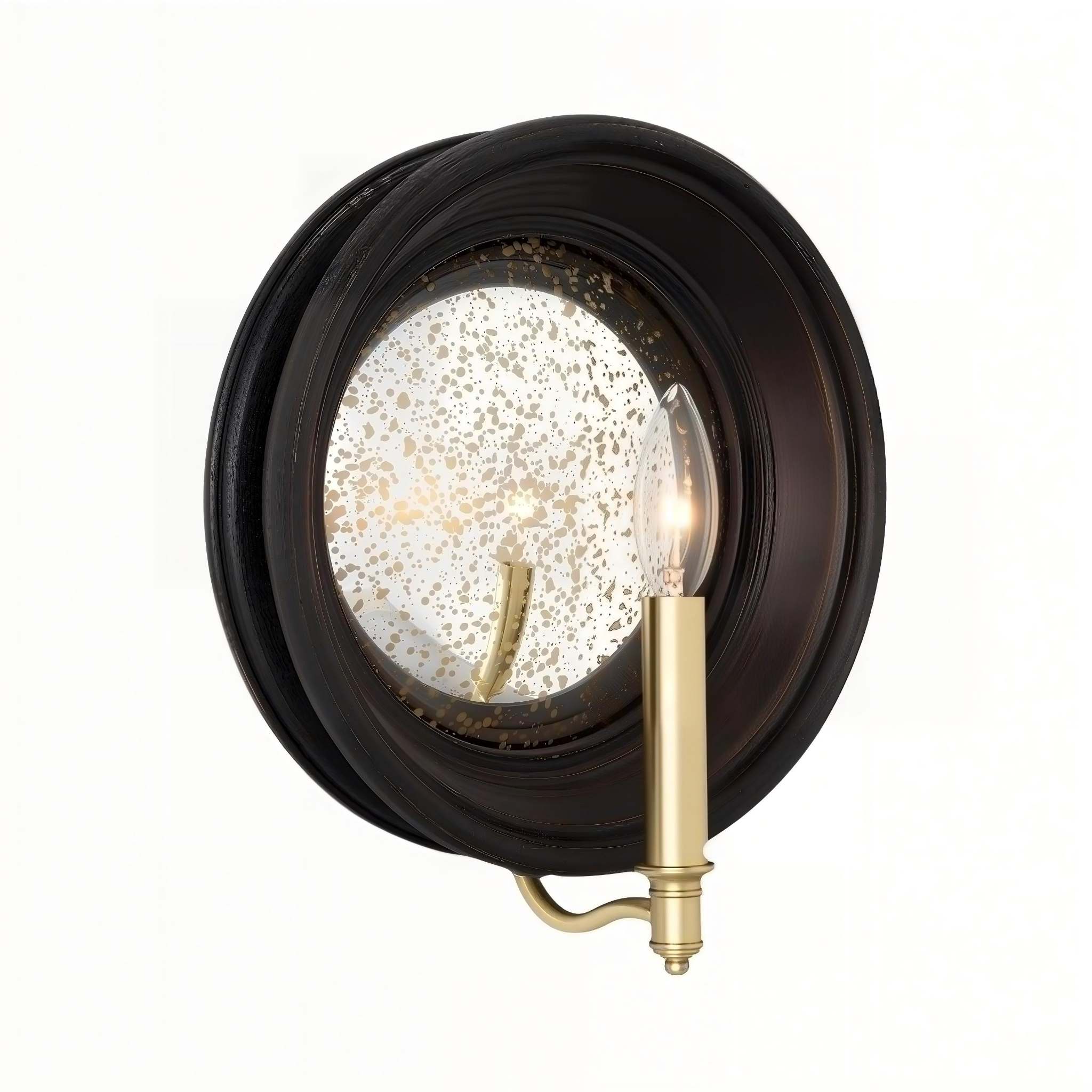 Vintage black round mirror wall sconce with brass candle arm