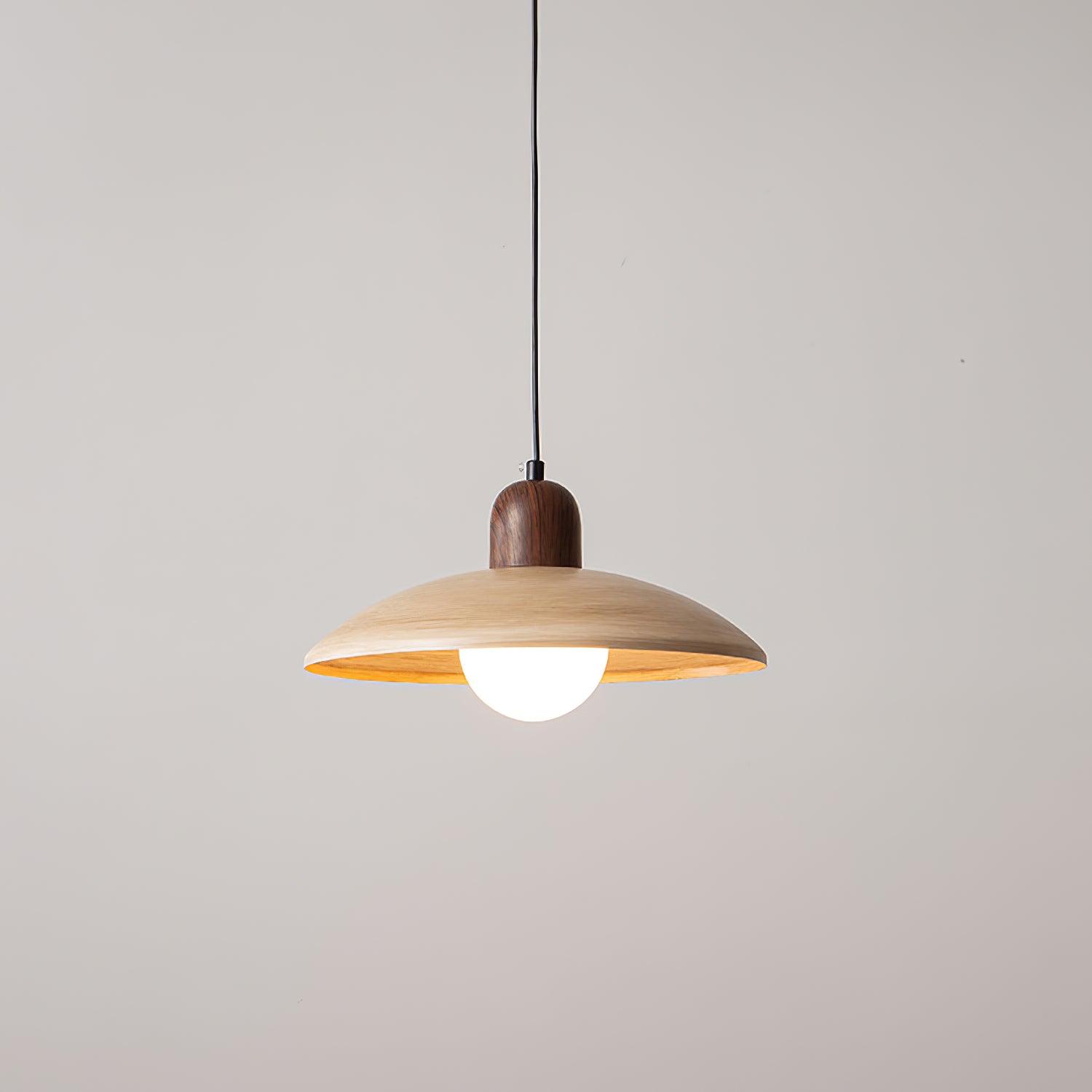 Stecker-Pendelleuchte aus Metall und Glas in Holzoptik