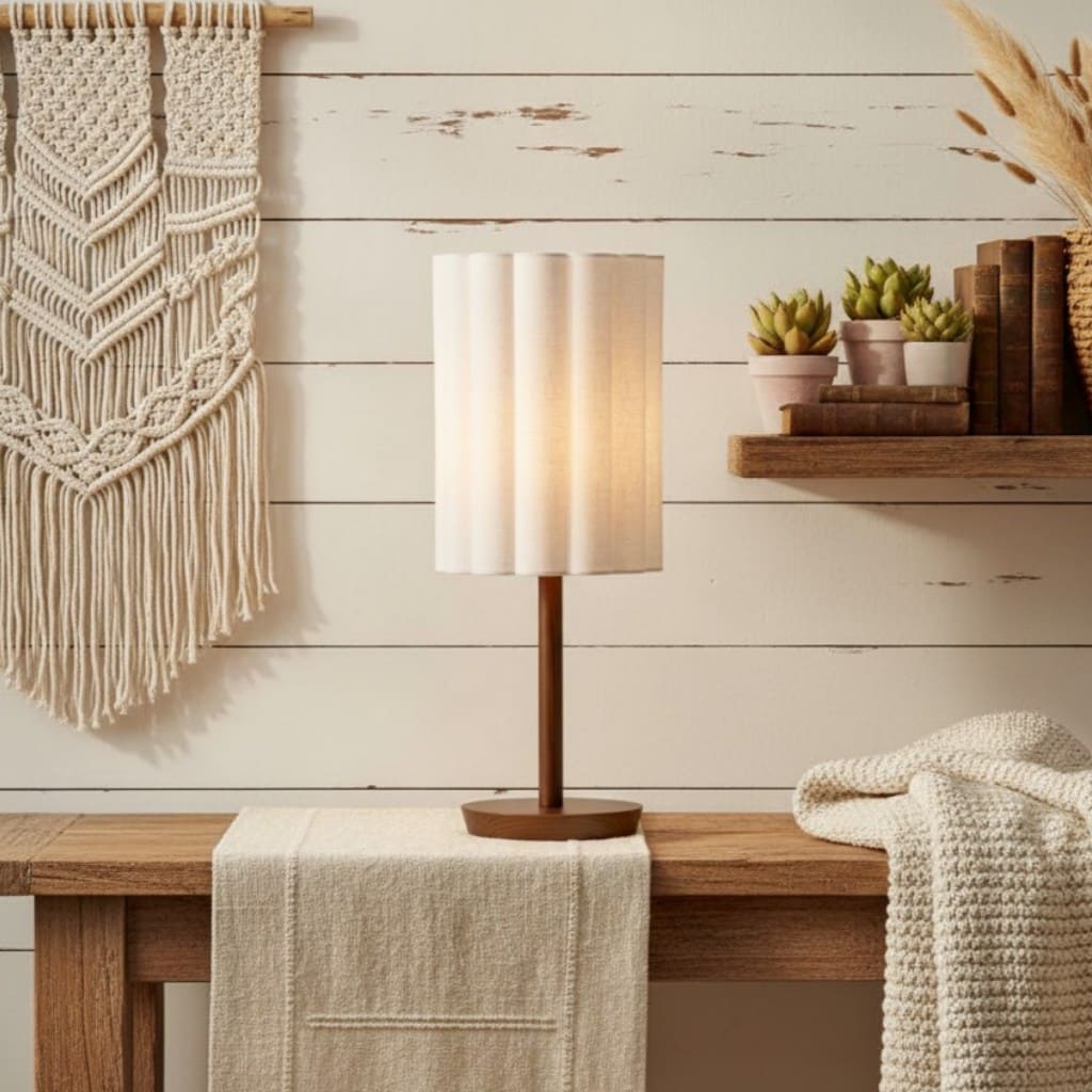 Linbron Modern Fabric Shade Table Lamp with Wood Base – Soft Ambient Lighting for Bedroom or Living Room