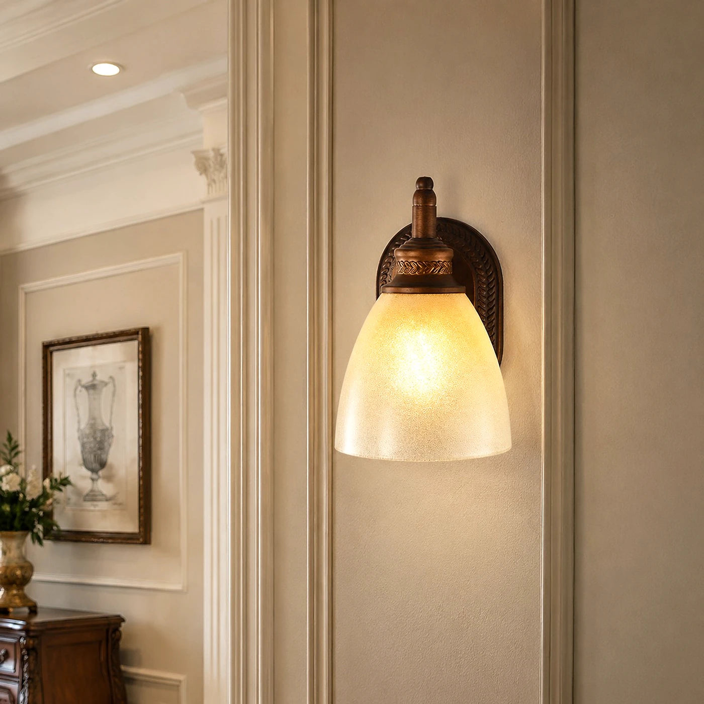 Antique bronze amber glass wall sconce