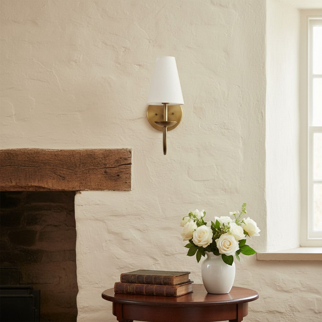 Curva Metal White Linen Sconce - Classic Brass Wall Light for Bedrooms