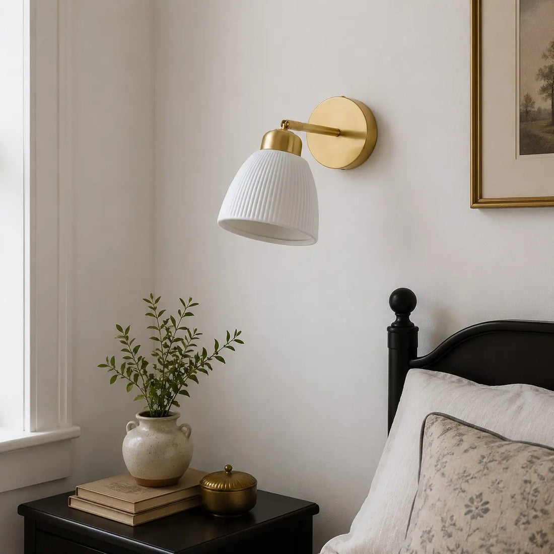 White ceramic wall sconce installed beside a bedside table