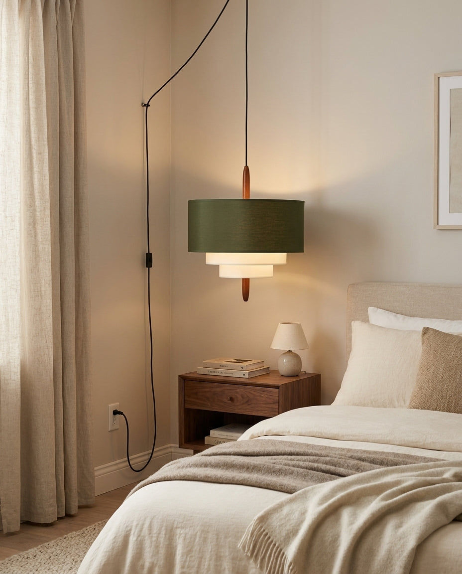 Tiered Fabric Wood Plug-In Swag Pendant