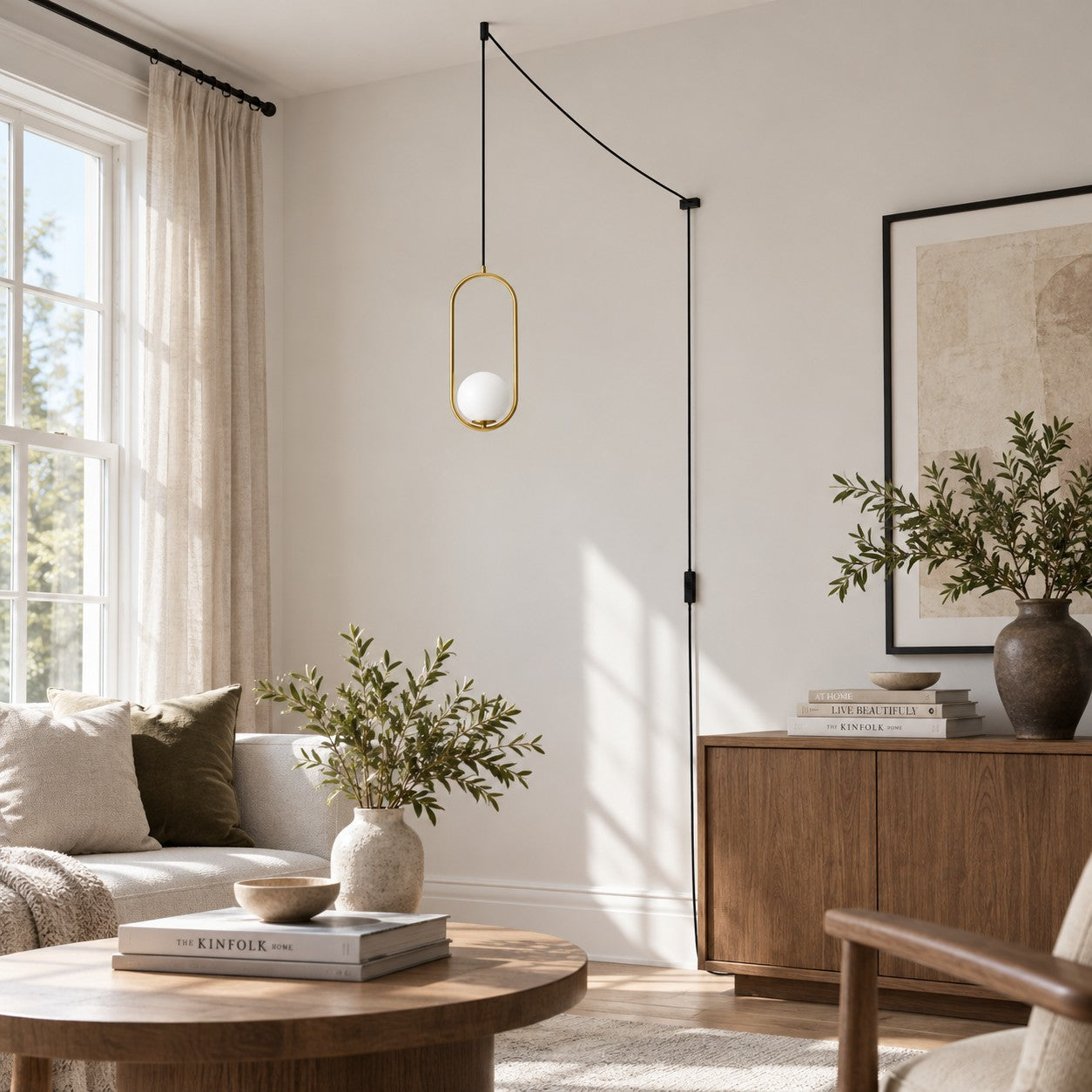 Pearl Glass Sphere Brass Plug-In Pendant