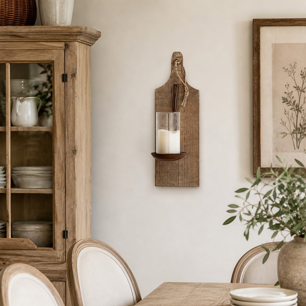Rustic wooden wall sconce farmhouse dining room scene