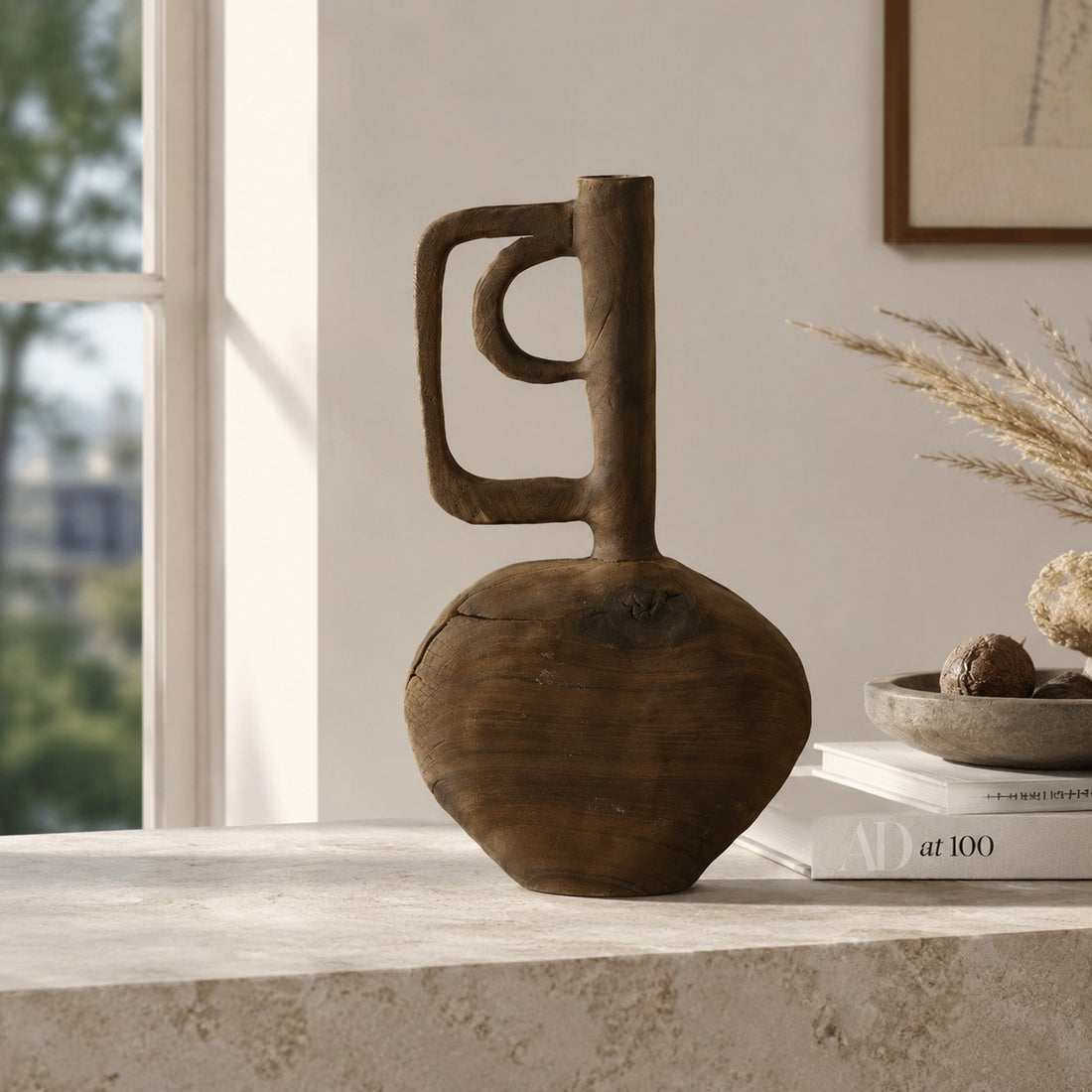 Hand-Carved Solid Wood Sculptural Vase