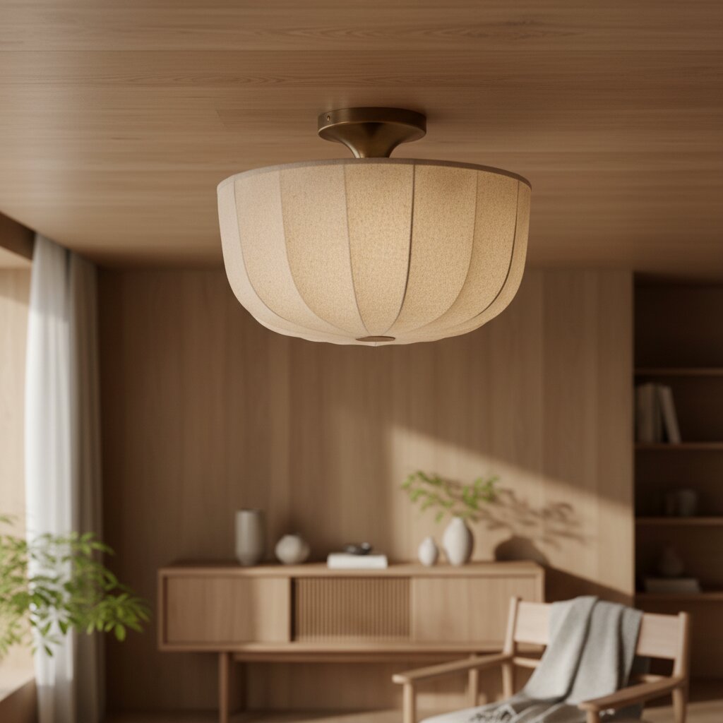Loomis Flush Ceiling Lamp – Textured Linen Shade and Aged Brass Modern Ceiling Light for Living Rooms