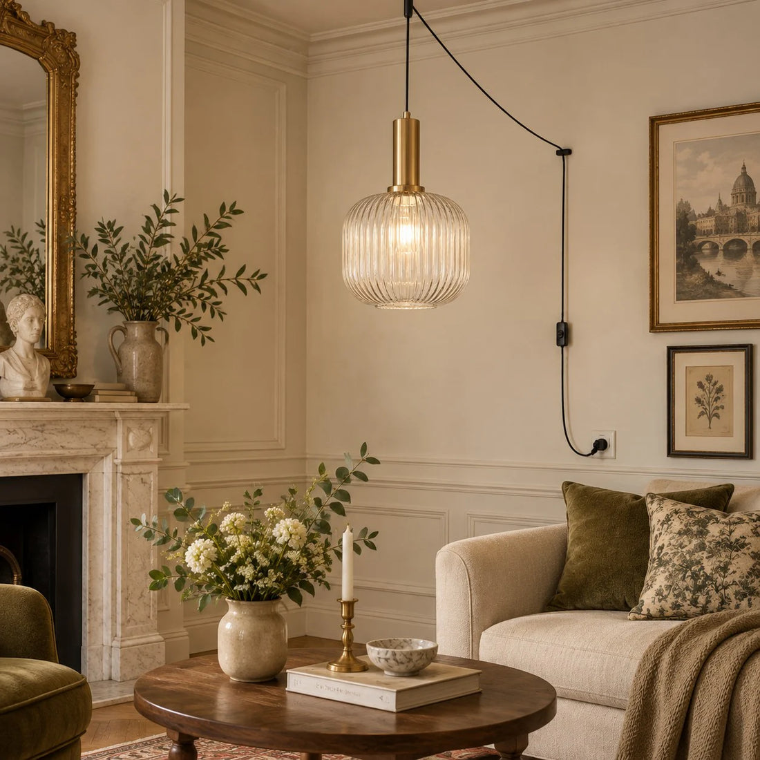 Retro ribbed glass plug-in pendant light in a home interior
