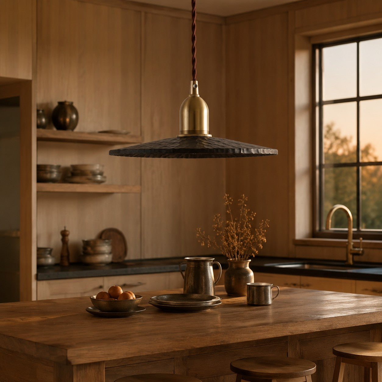 Octagonal wood pendant light over a kitchen island