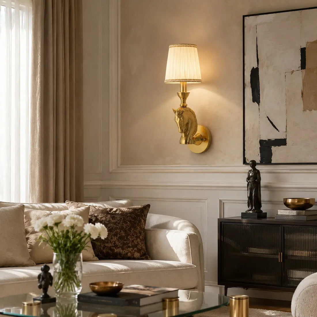 Smooth shade horse wall lamp in a bright living room