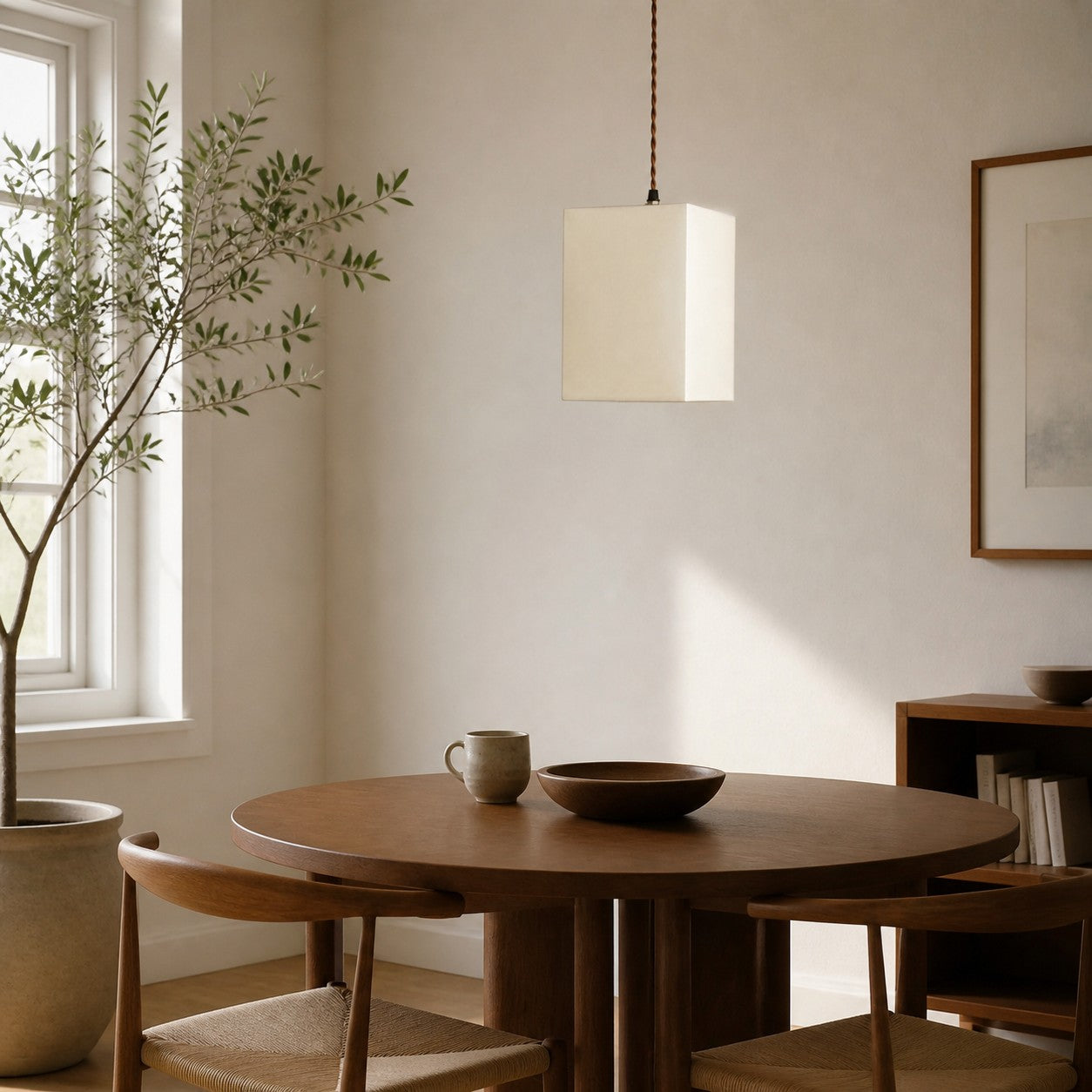 Square Fabric Pendant Lamp with Wood Canopy