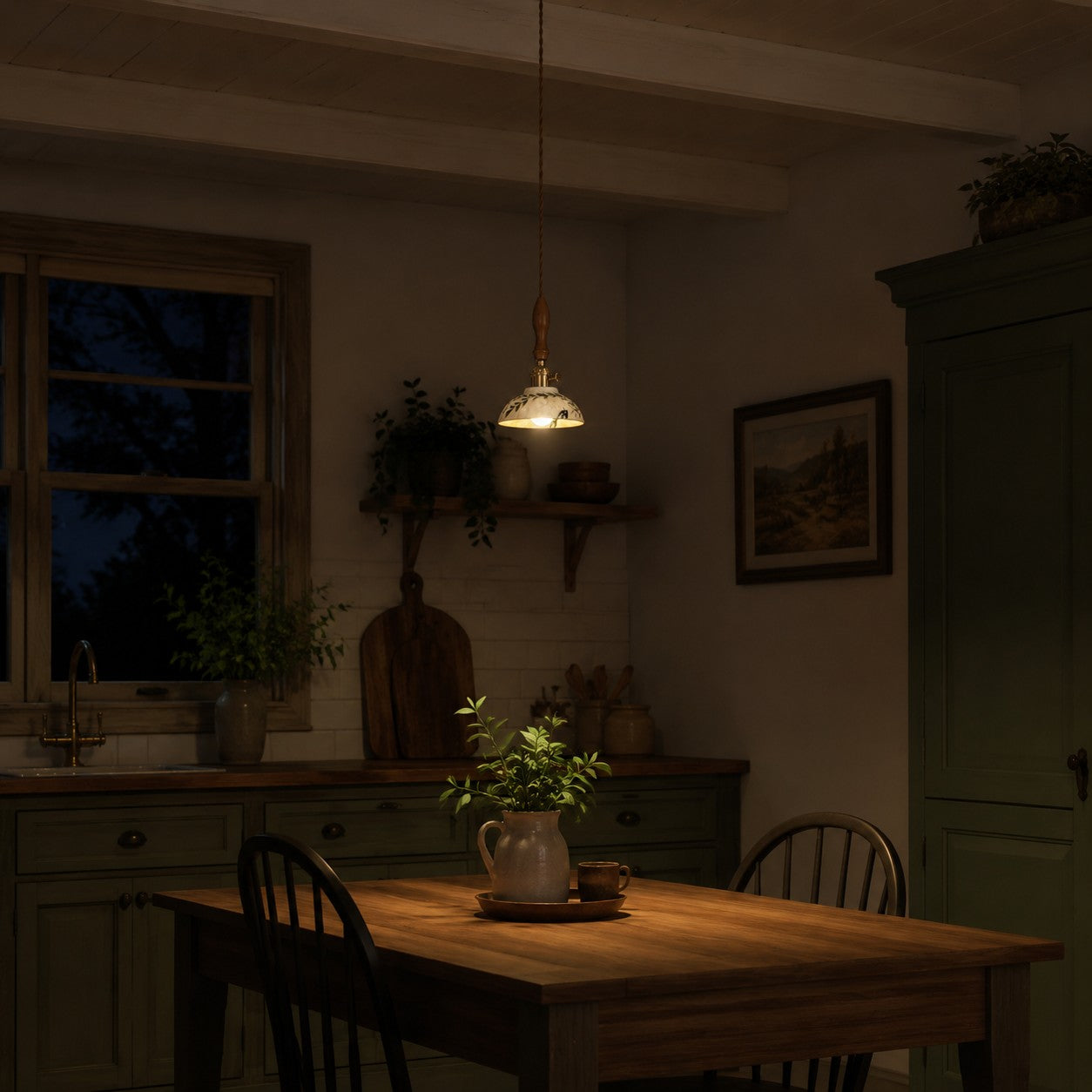 Botanical Glazed Ceramic Pendant Light with Brass-Tone Hardware - in an evening kitchen