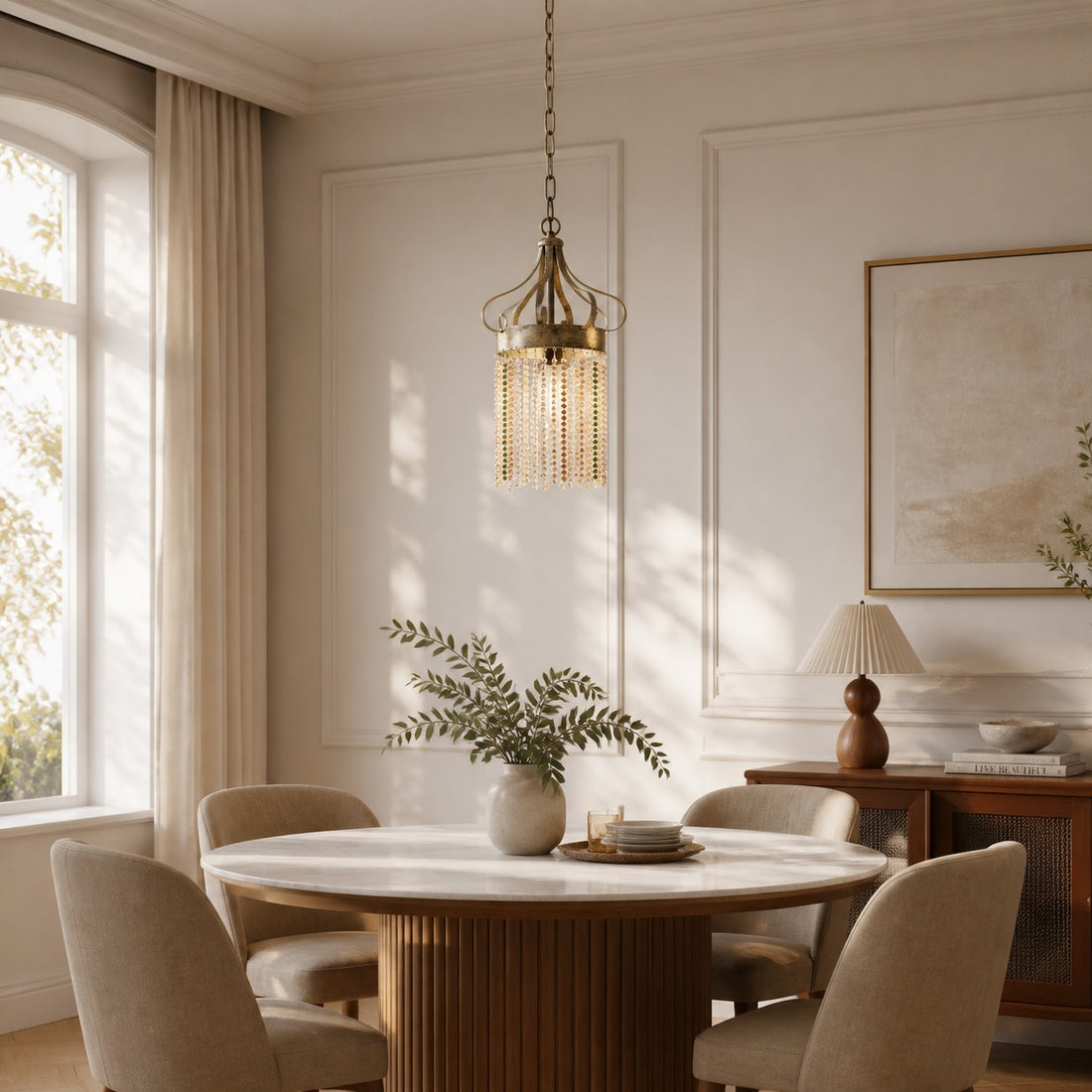 Antique brass multicolor crystal pendant light in a bright dining room