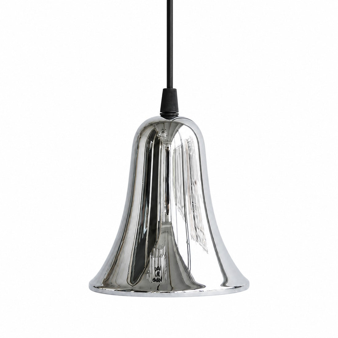 Bell-shaped chrome brass mini pendant light on a white background