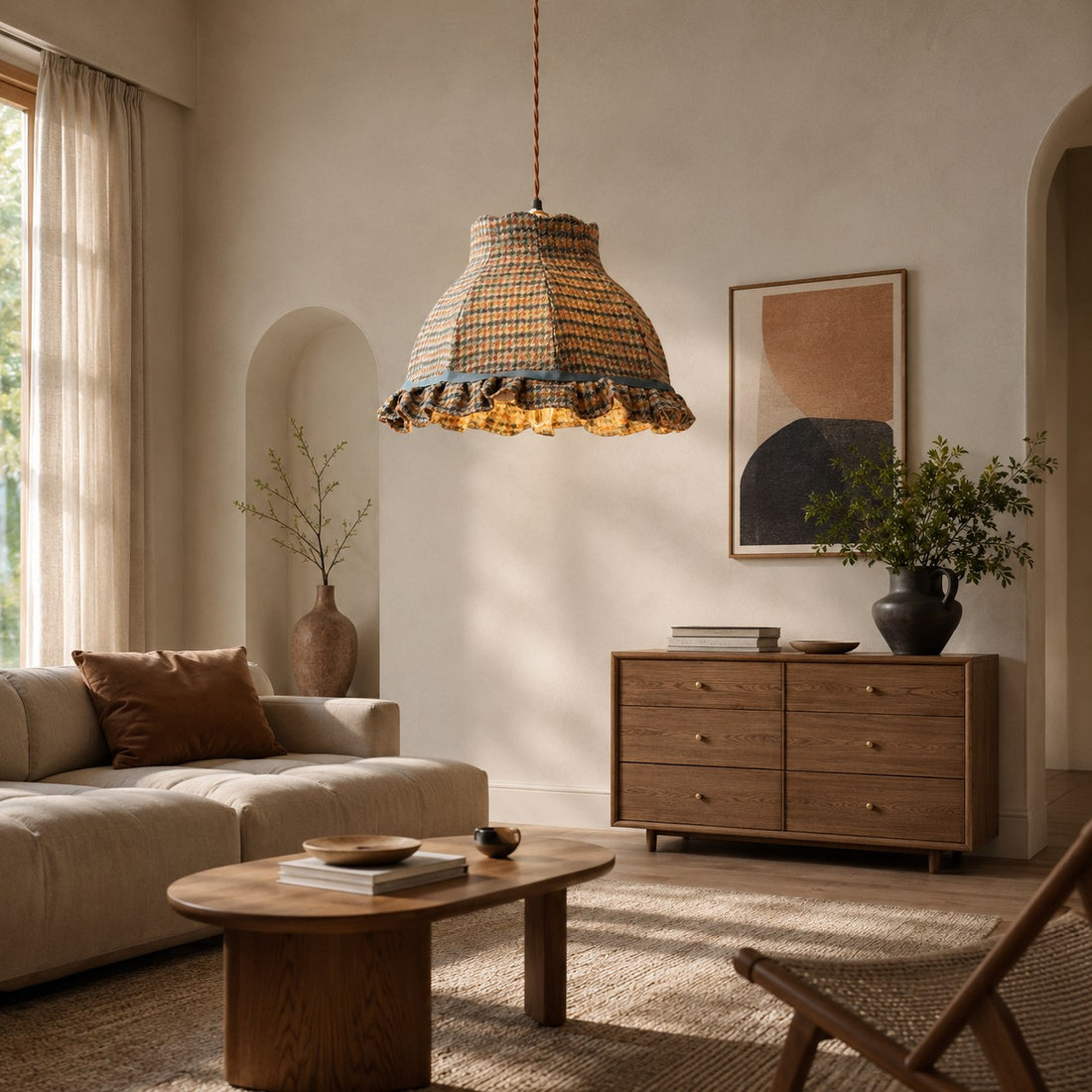 Vintage French Plaid Tweed Fabric Pendant Light