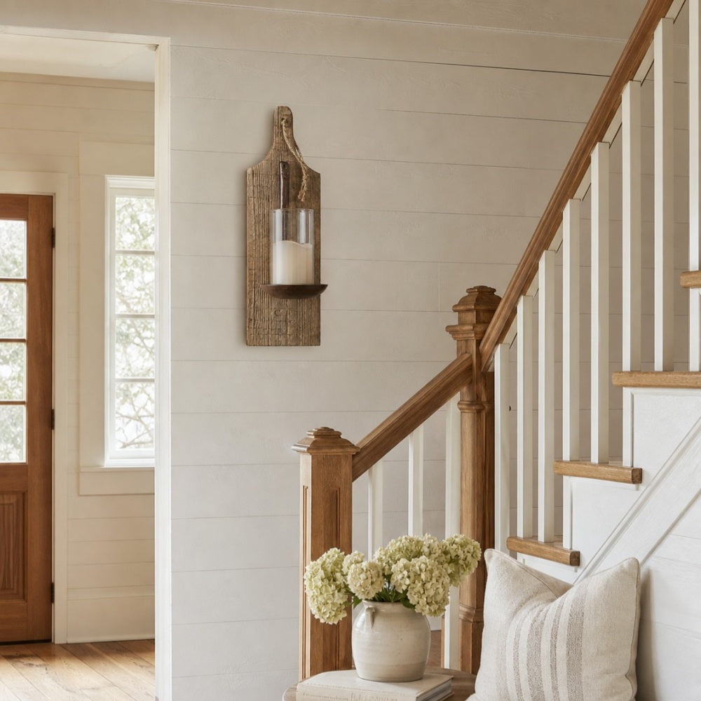Rustic wooden wall sconce cottage room scene