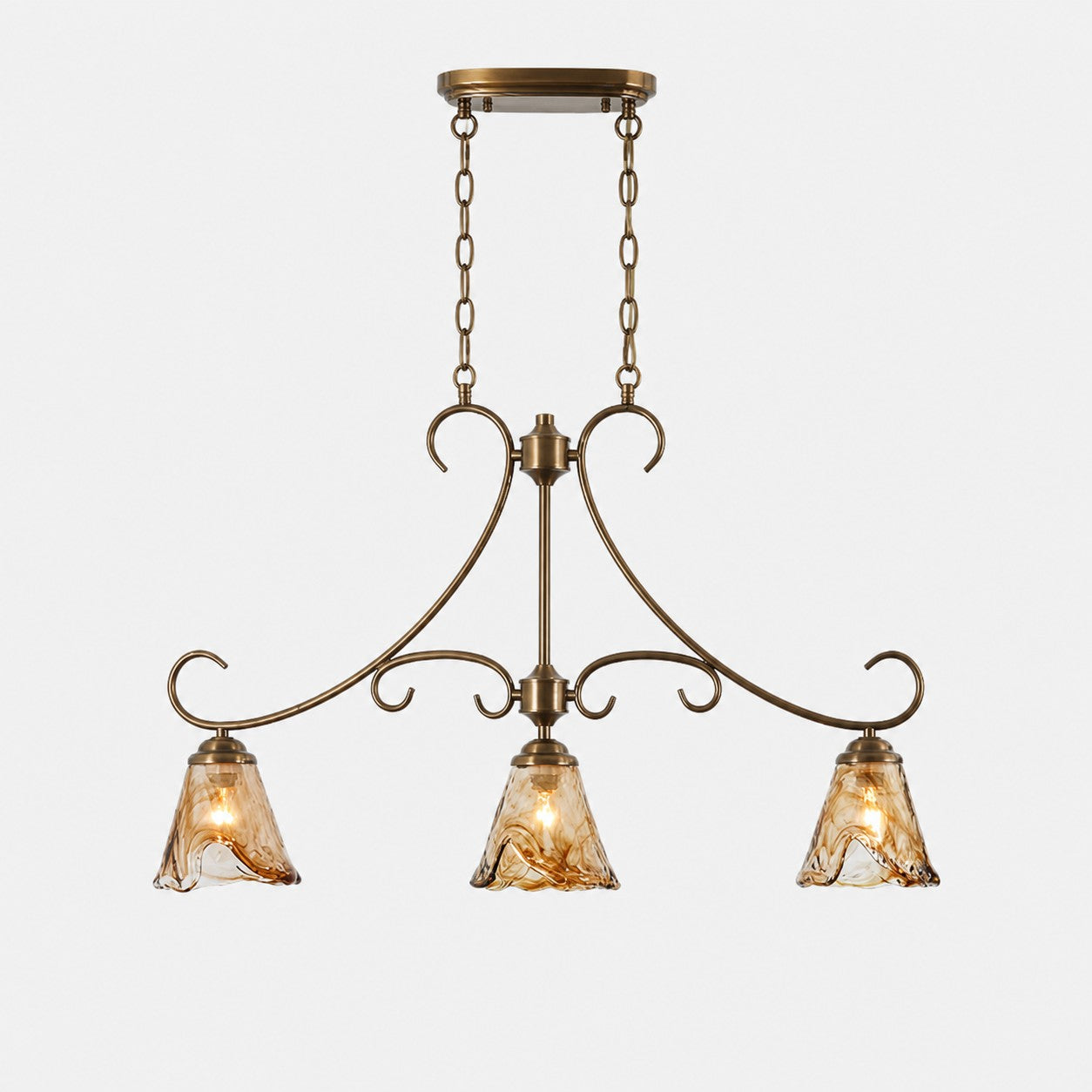 French Country Brass and Amber Glass Linear Chandelier