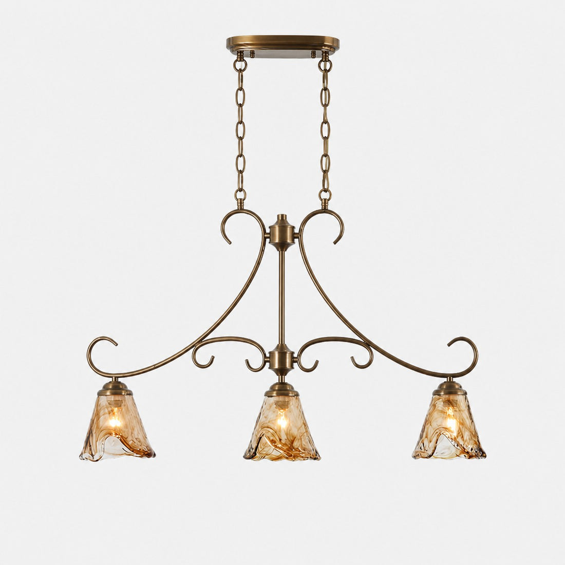 French Country Brass and Amber Glass Linear Chandelier