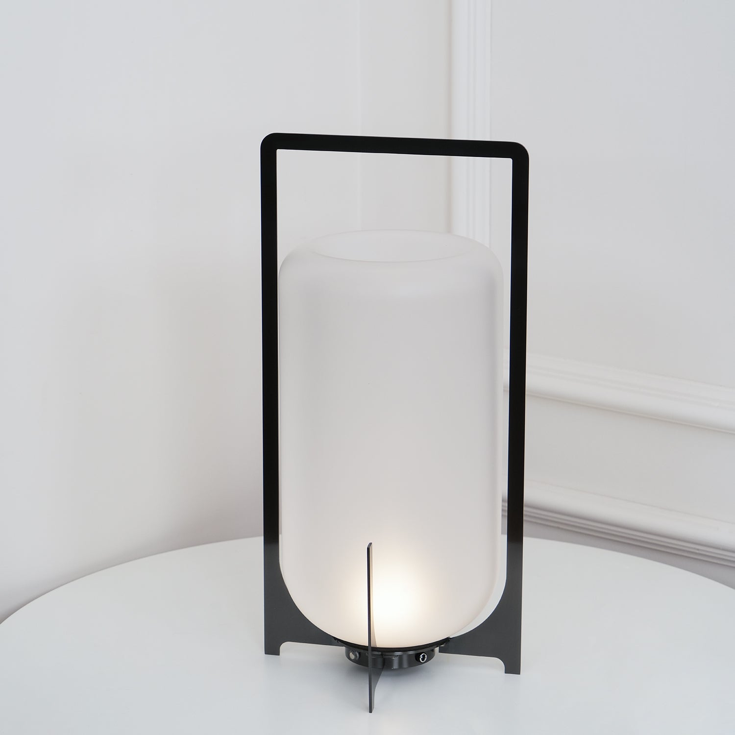 Black Lantern Table Lamp - Outdoor LED Light with Blown Glass Shade