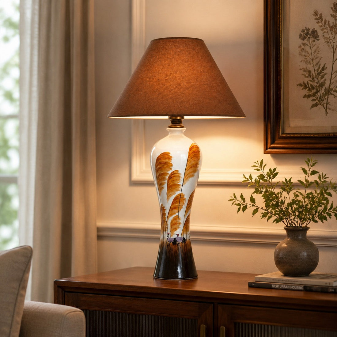 American Style Ceramic Table Lamp with Brown Fabric Shade