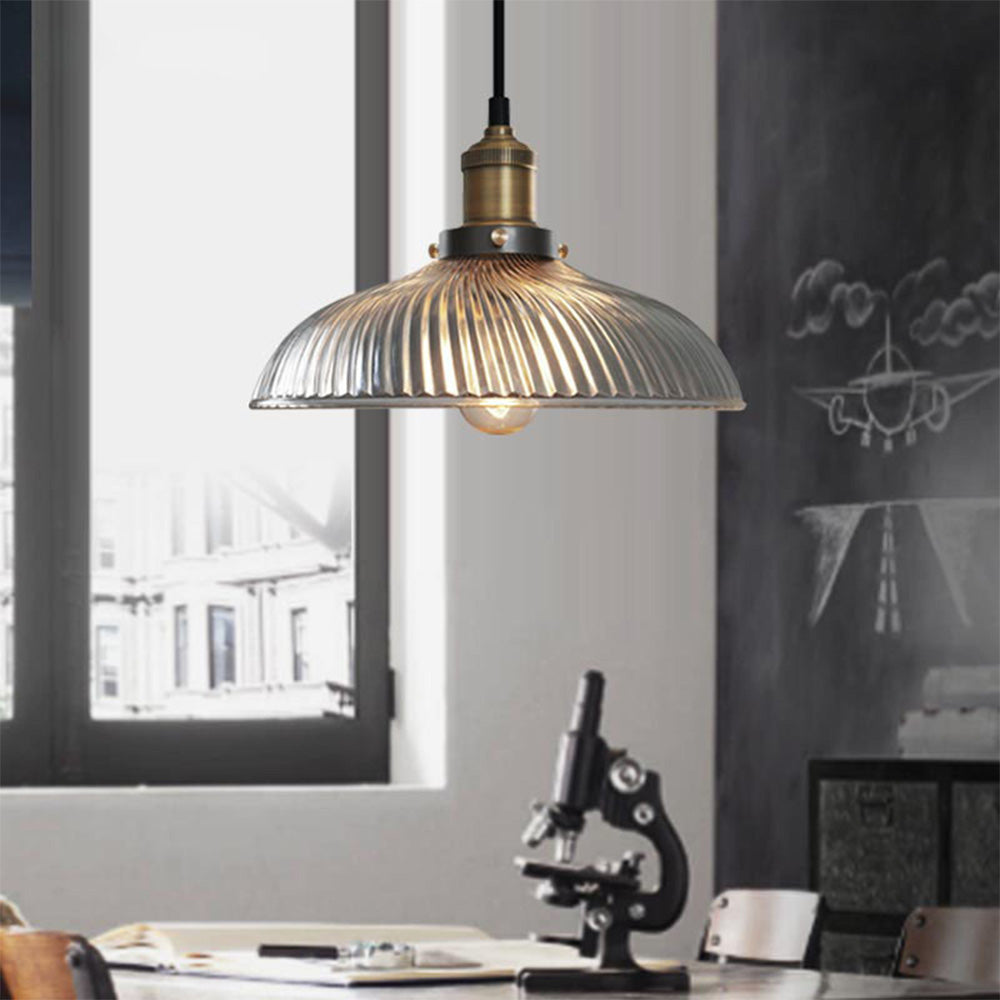 Retro Striped Glass Pendant Light - Creative Bowl Design for Bedroom