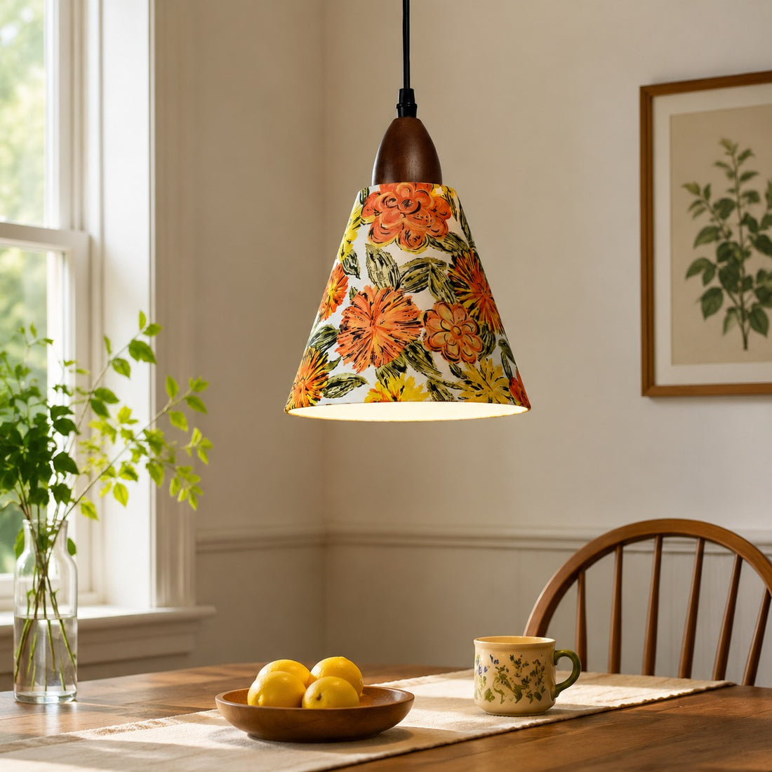 Orange floral pendant above sunlit wooden dining table