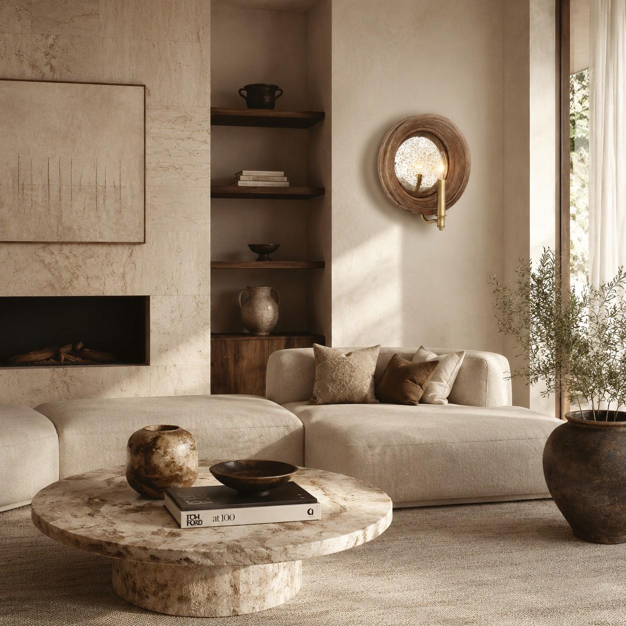 Natural wood round mirror wall sconce with brass candle arm