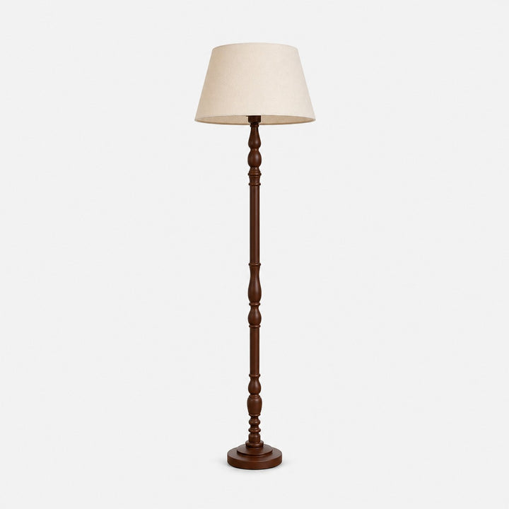 Stehlampe aus gedrechseltem Holz mit Stoffschirm
