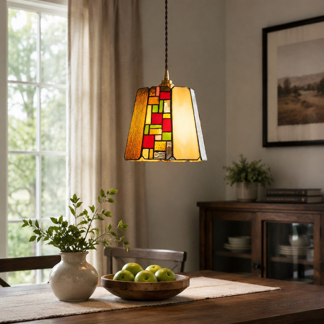 Vintage Rose Stained Glass Pendant Light