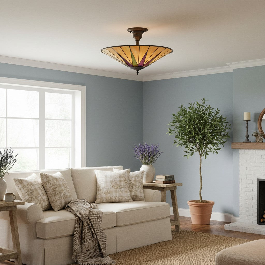 TF Dark Star Tiffany Ceiling Lamp – Stained Glass Star Design for Dining or Hall