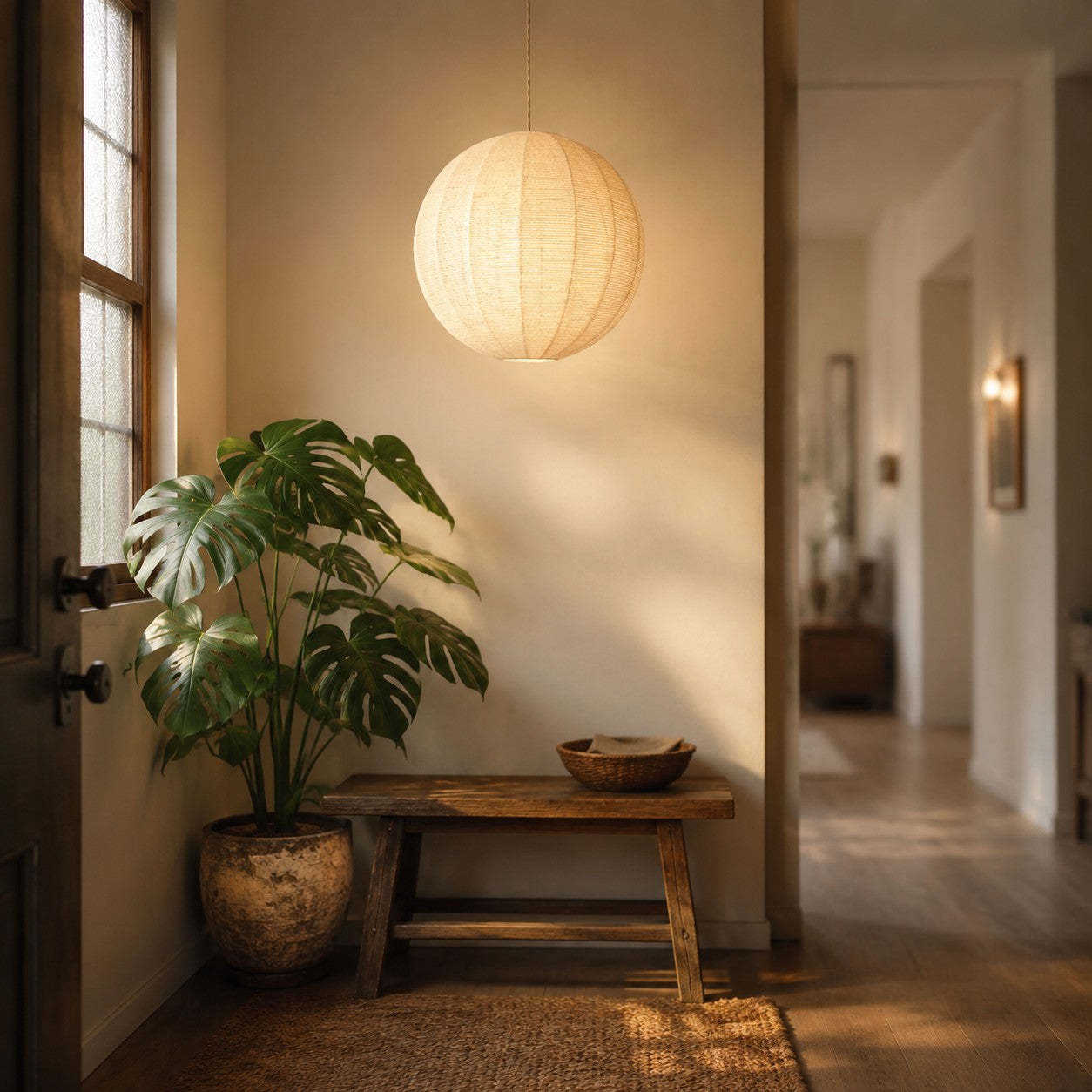 Handwoven Globe Pendant Light with Wood Canopy