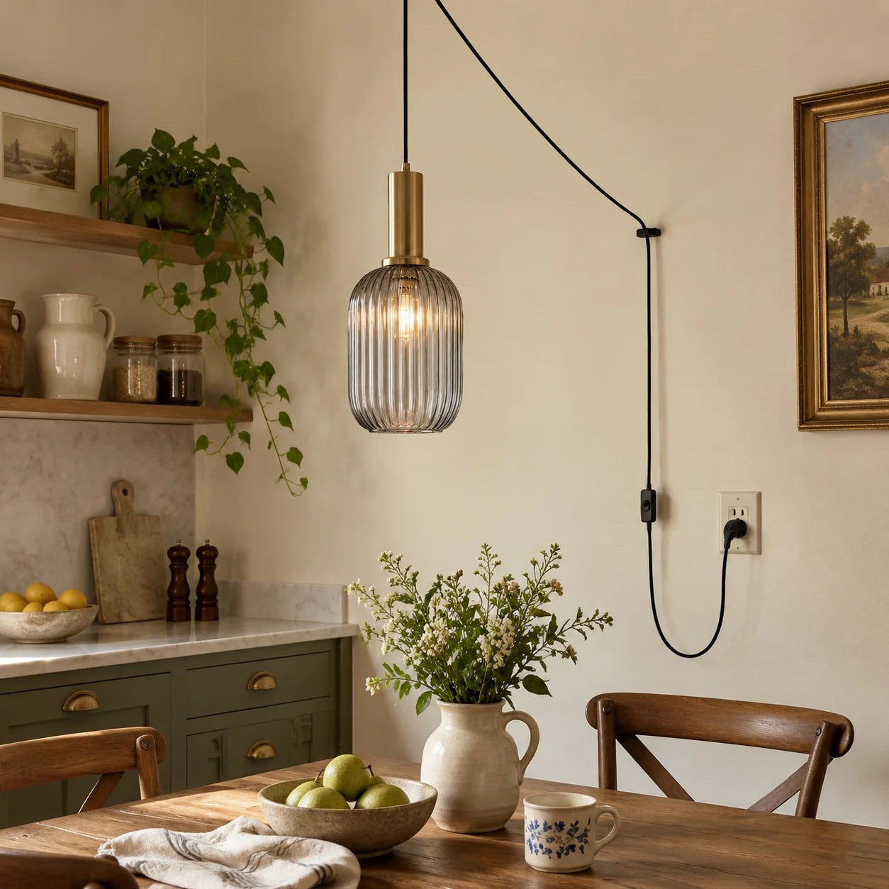 Retro ribbed glass plug-in pendant light in a home interior