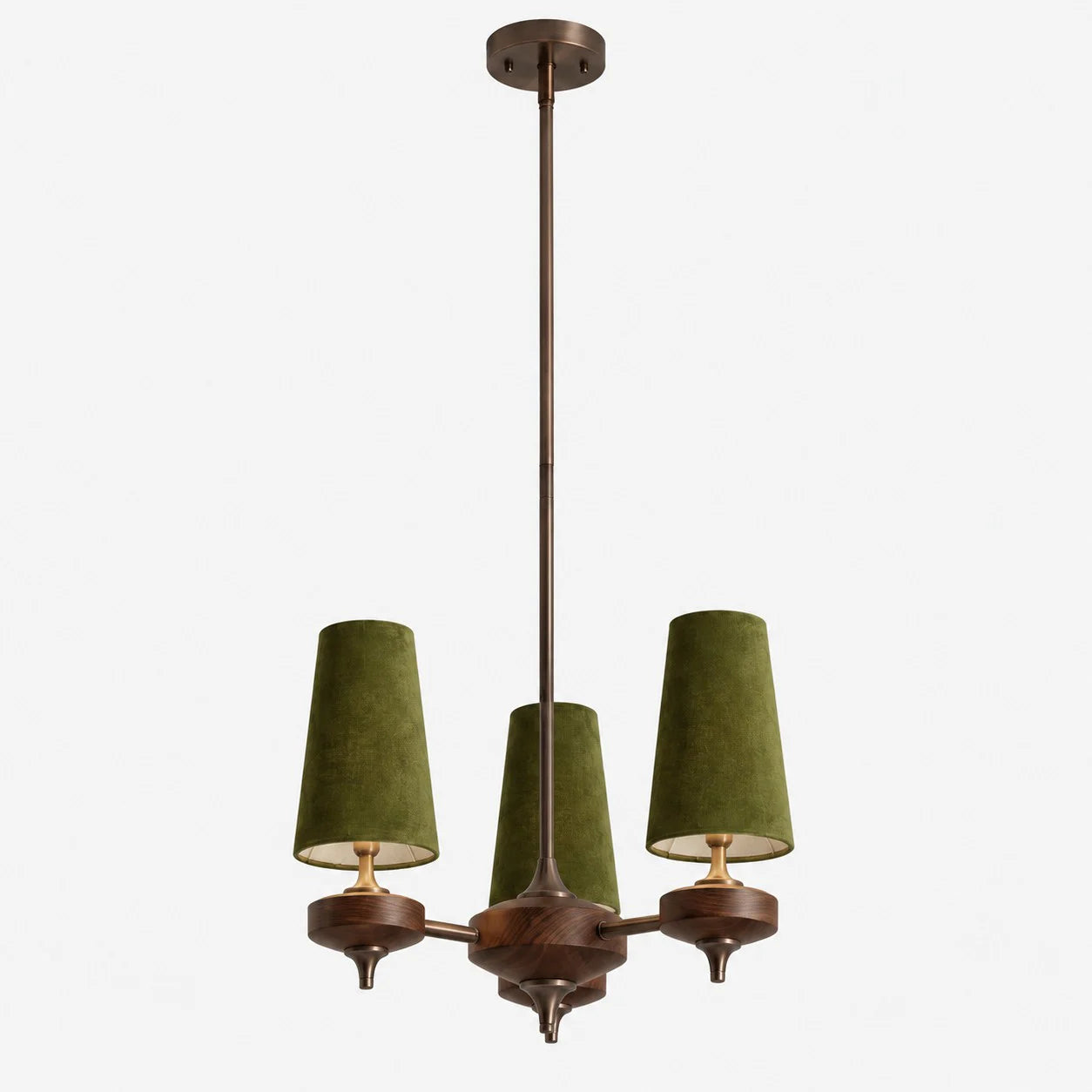3-light Hour Rho chandelier with green velvet shades
