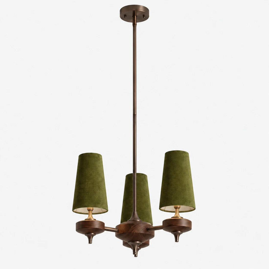 3-light Hour Rho chandelier with green velvet shades