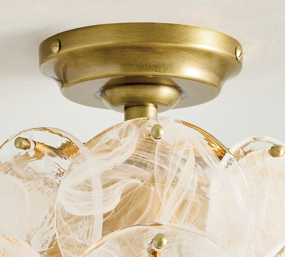 Sevra Cascading Glass Disc Round Flush Mount - Vintage Brass Ceiling Light