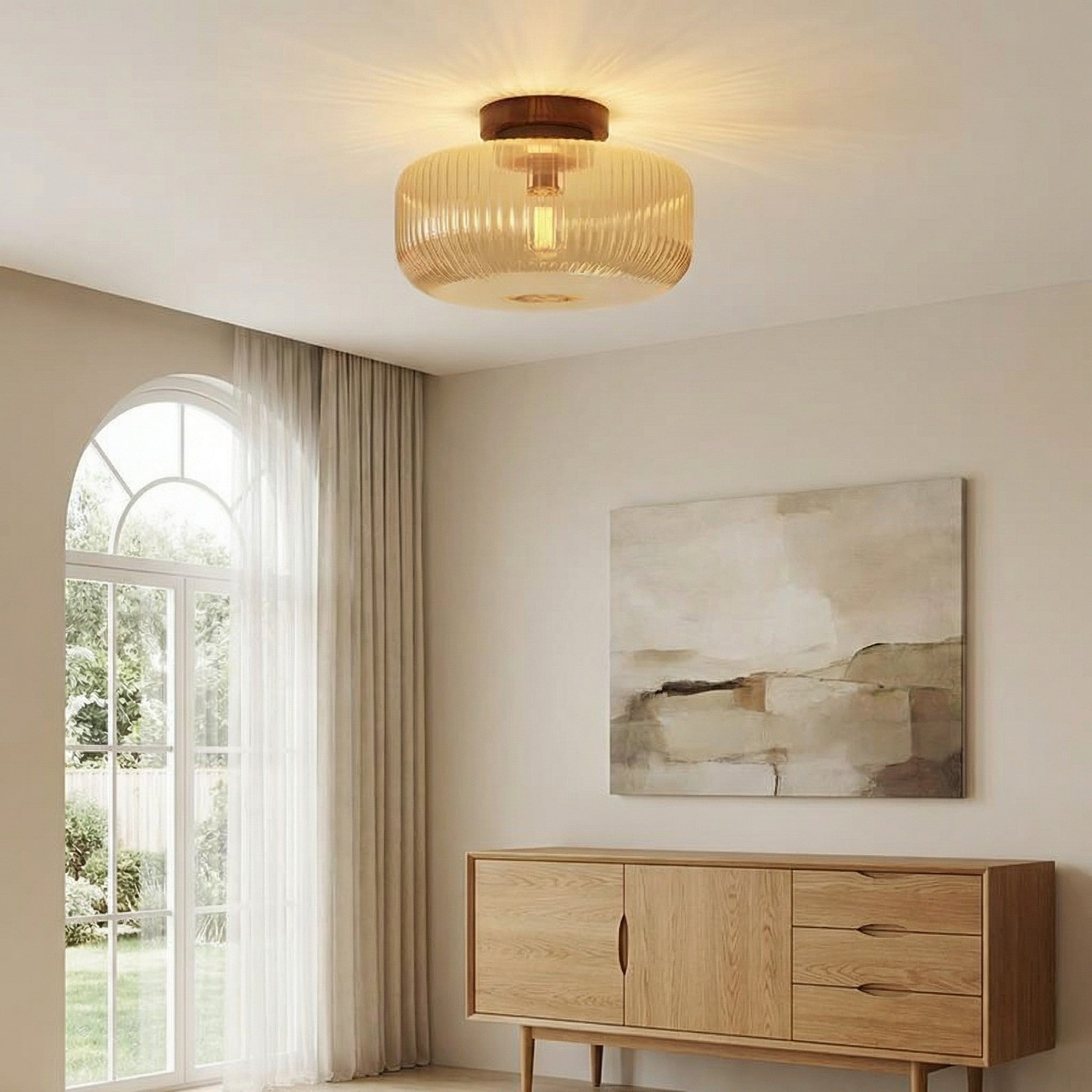 Amberflow Retro Amber Fluted Glass Ceiling Light – Round Flush Mount for Hallways and Entryways