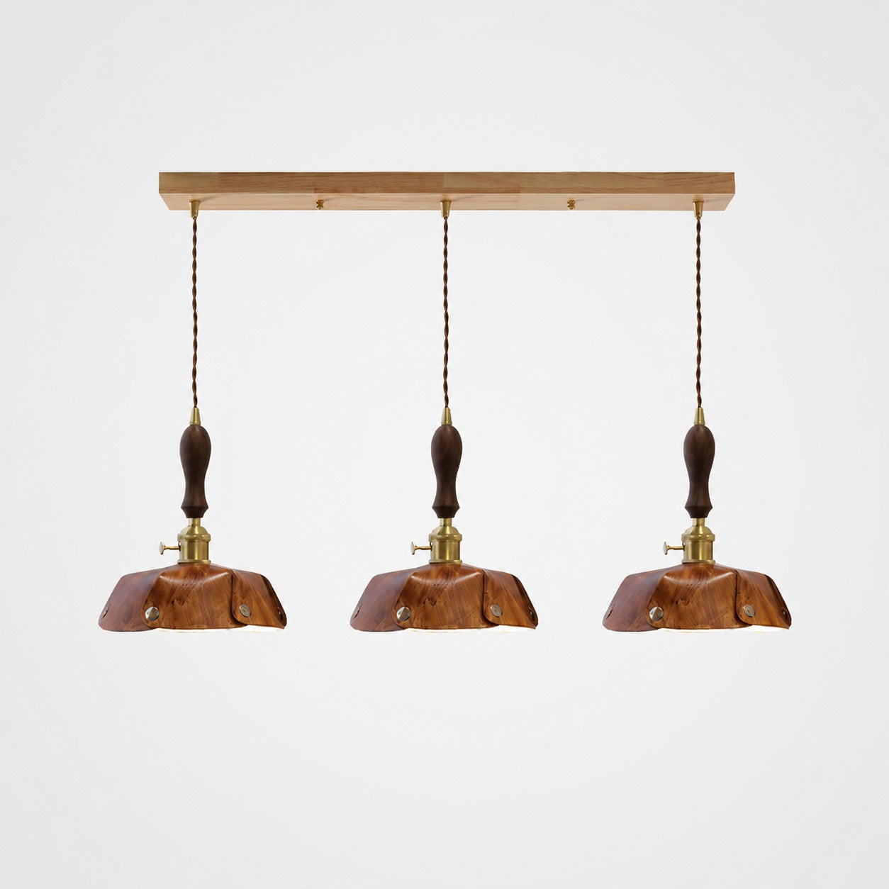 3-Light Linear Pendant Vintage Brown Leather Bar 75 cm / 29.5 in; Shade Dia. 25 cm / 9.8 in