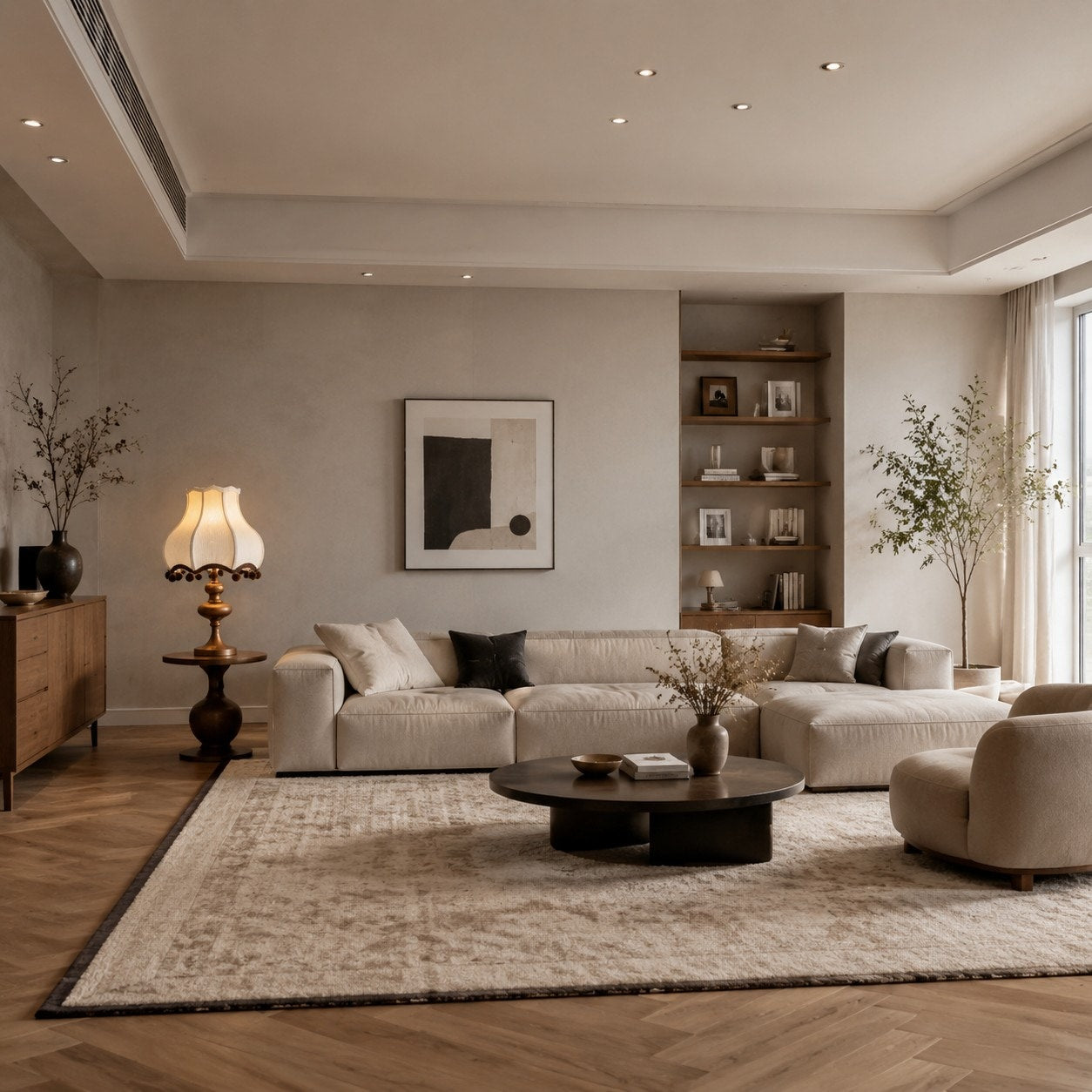 Cream fabric table lamp in a soft living room