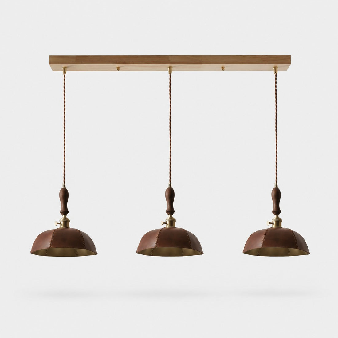 Vintage brown three-light leather bar pendant without crystal drops