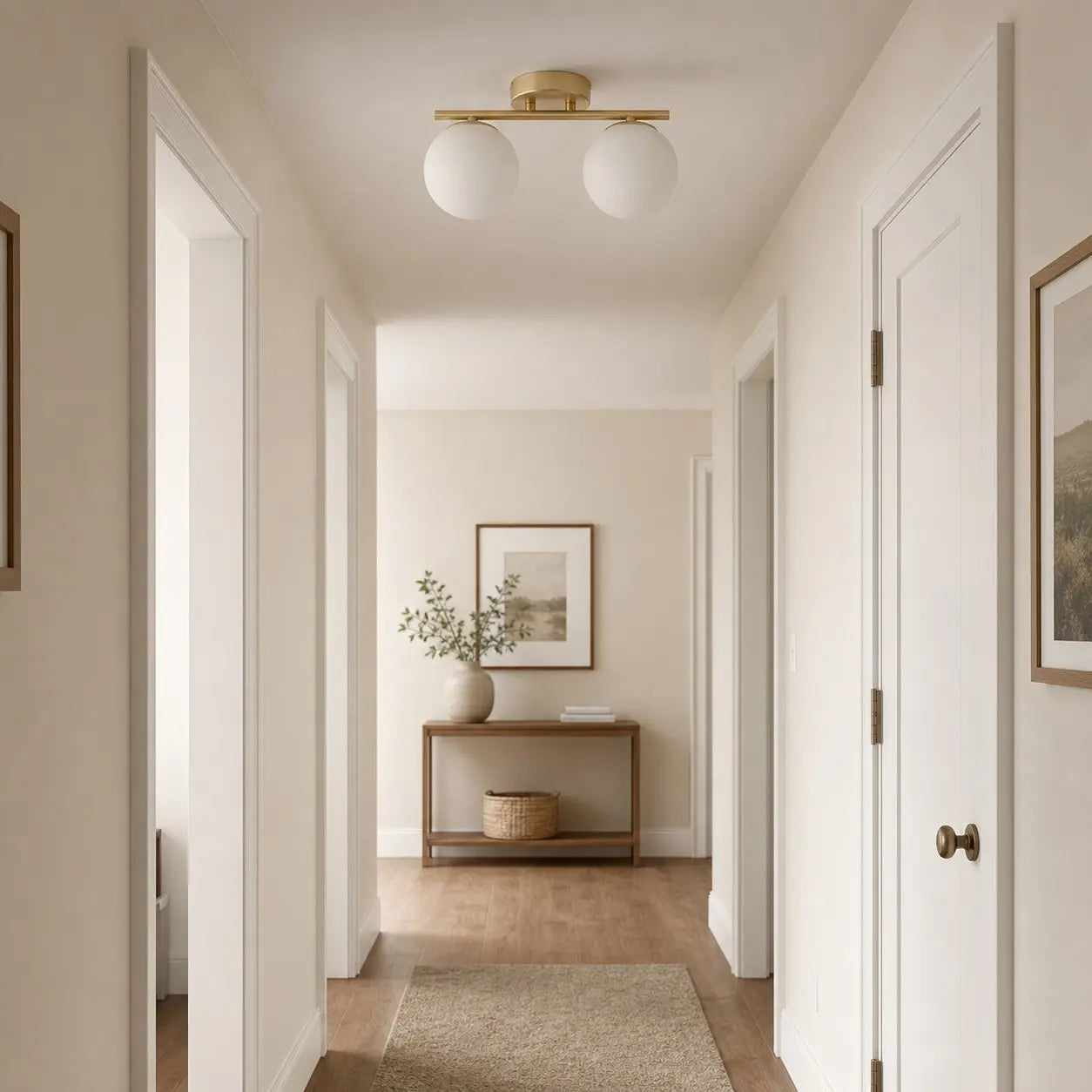 Gold milk glass ceiling light installed in a hallway