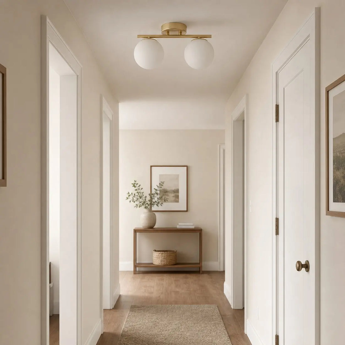Gold milk glass ceiling light installed in a hallway