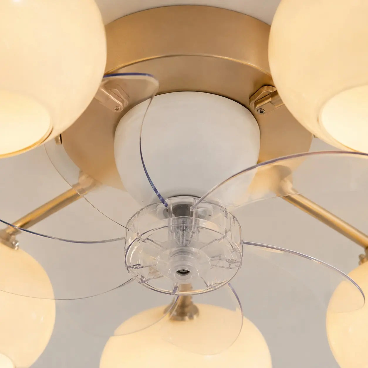 Close-up of the transparent fan blades and central motor