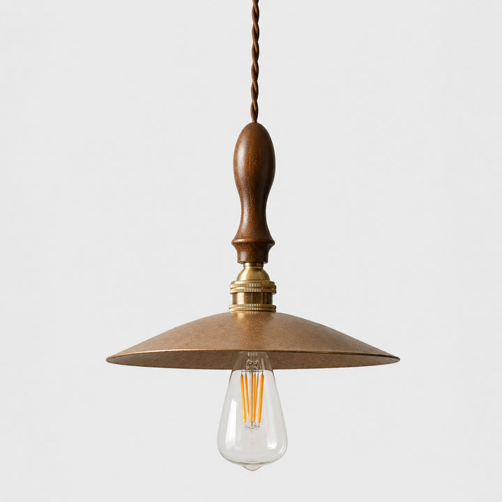 Hammered brass pendant with walnut wood on white background
