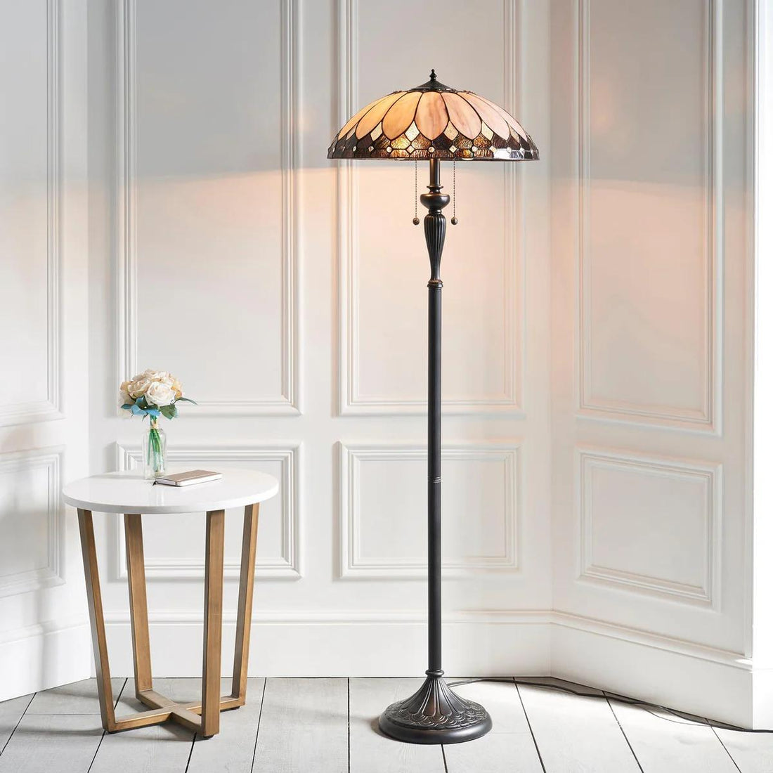 TF Brooklyn Geometric Art Deco Tiffany Floor Lamp –  Stained Glass Shade and Satin Black Base for Living Room