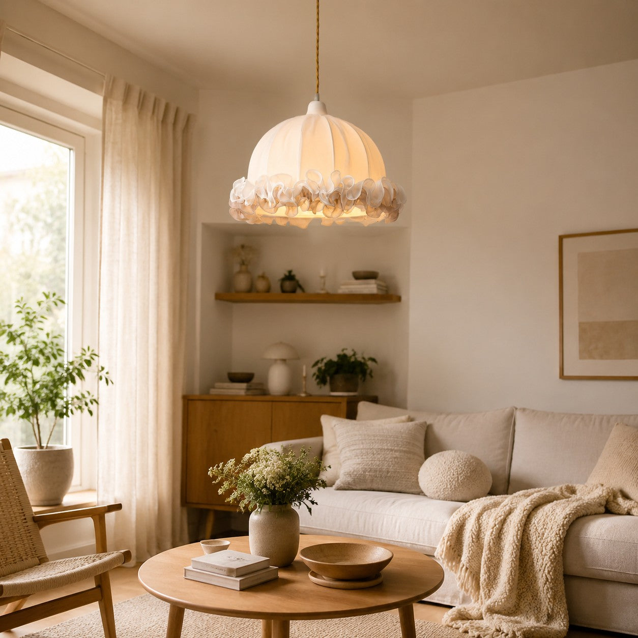 French Vintage Ruffled Fabric Pendant Light