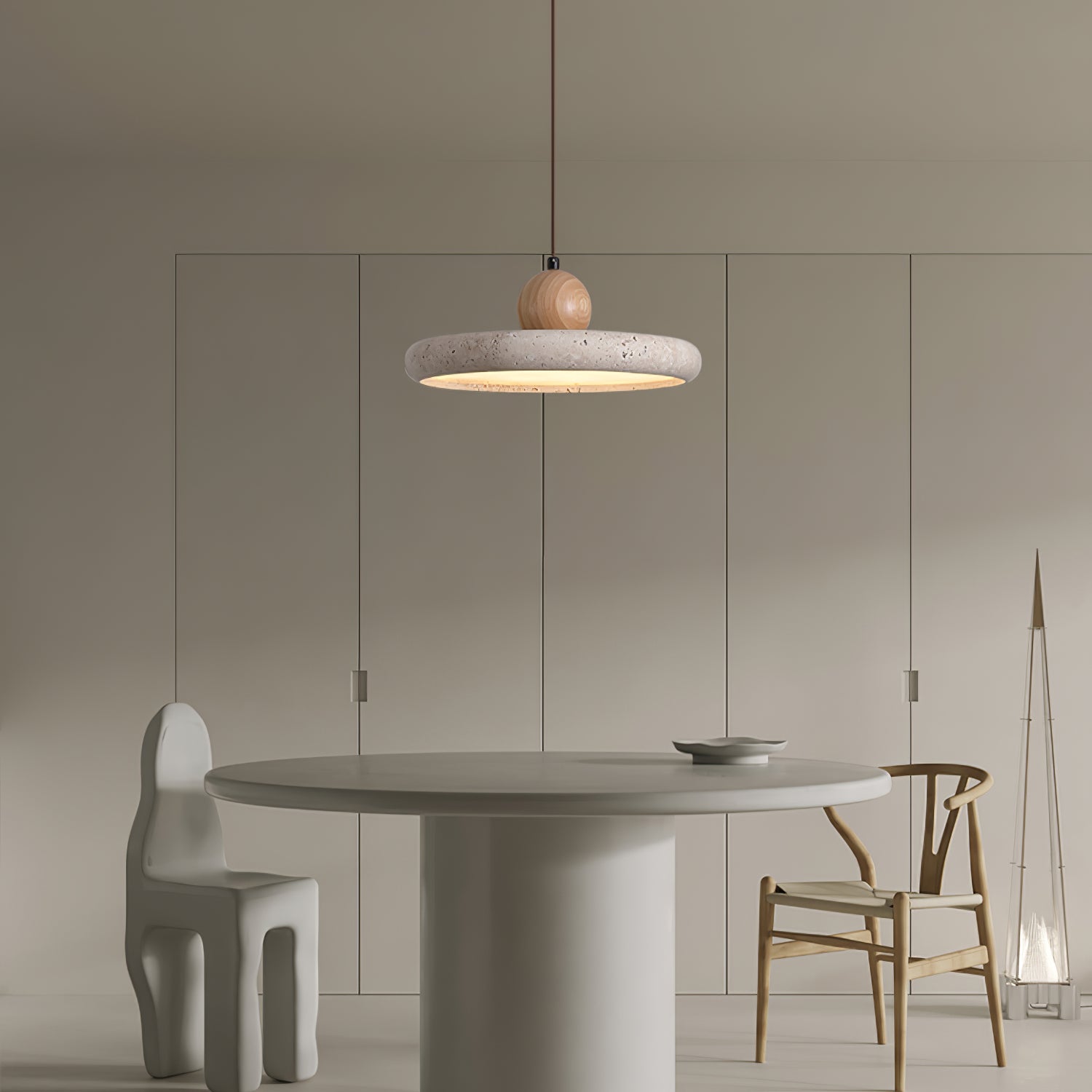 Travertin-Holz-Plug-in-Hängeleuchte