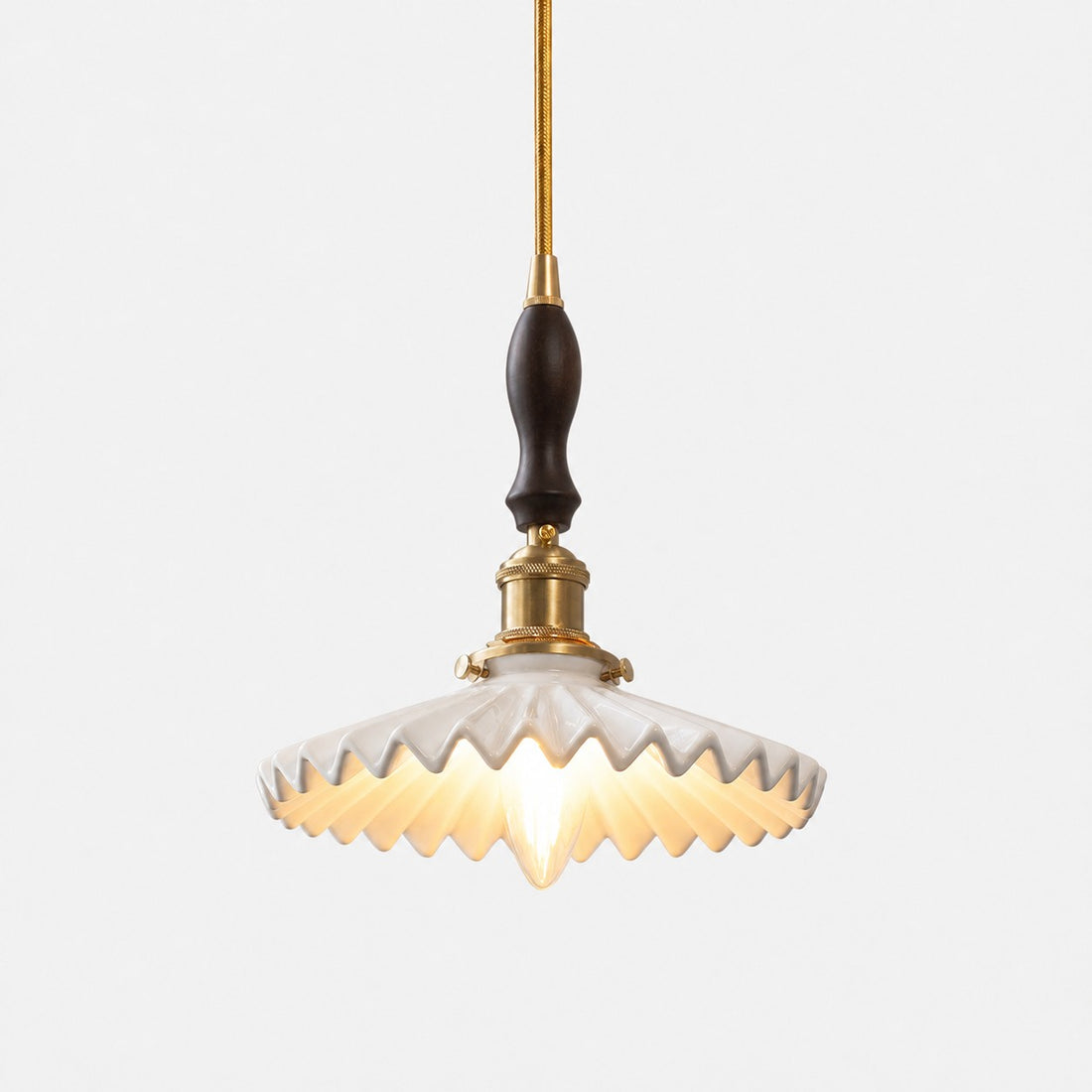 White ceramic pendant light with walnut wood accent